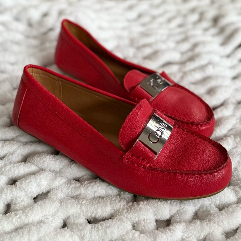 CALVIN KLEIN 11 Lillia Red Faux Leather Loafers • Driving Moccasins Shoes - Picture 3 of 9
